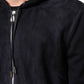 Black Leather Full Zip Hooded Blouson Jacket