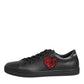 Black Leather Crystal Heart Sneakers  Shoes