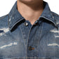 Blue Cotton Tattered Denim Blouson Jacket