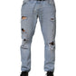 Blue Cotton Distressed Slim Fit Denim Jeans