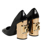 Black Gold Patent Leather Logo Heels Pumps Shoes