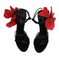 Black Leather Strappy Flower Heels Sandals  Shoes