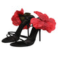 Black Leather Strappy Flower Heels Sandals  Shoes