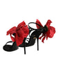 Black Leather Strappy Flower Heels Sandals  Shoes