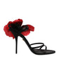 Black Leather Strappy Flower Heels Sandals  Shoes