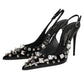 Black Studded Leather Heels Slingbacks Shoes