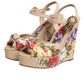 Beige Floral Ankle Strap Wedge Sandals Shoes