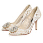 White Taormina Lace Crystal Heel Pumps Shoes