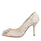 White Taormina Lace Crystal Heel Pumps Shoes