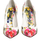 White Floral Leather High Heels Pumps Shoes