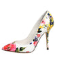 White Floral Leather High Heels Pumps Shoes
