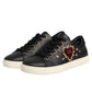 Black Leather Sacred Heart Sneakers Shoes