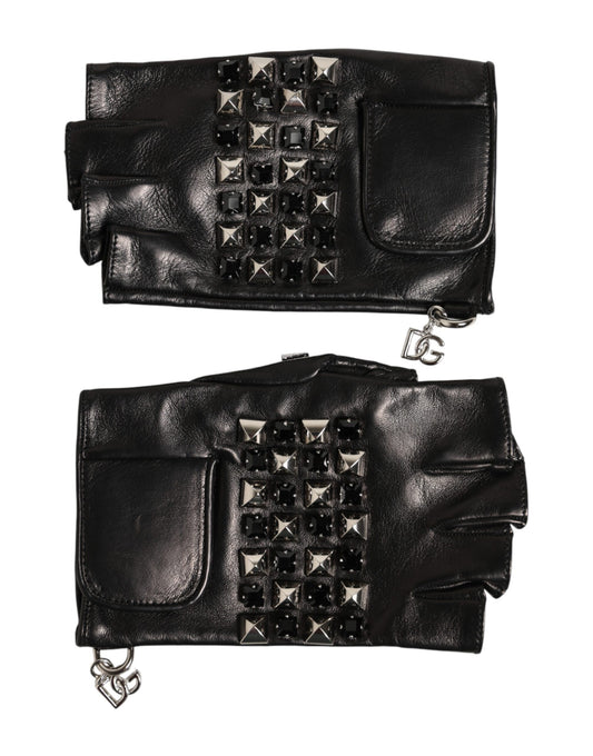 Black Leather Studded Fingerless Hand Mitten Men Gloves