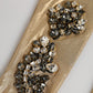 Beige Satin Crystal Elbow Length Mitten Gloves