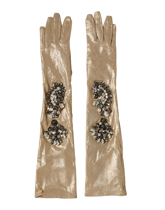 Beige Satin Crystal Elbow Length Mitten Gloves