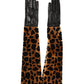 Brown Black Leopard Leather Elbow Length Mitten Gloves