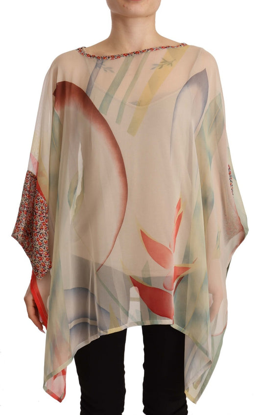 Silk Multicolor Printed Poncho Long Sleeves Women Blouse Top