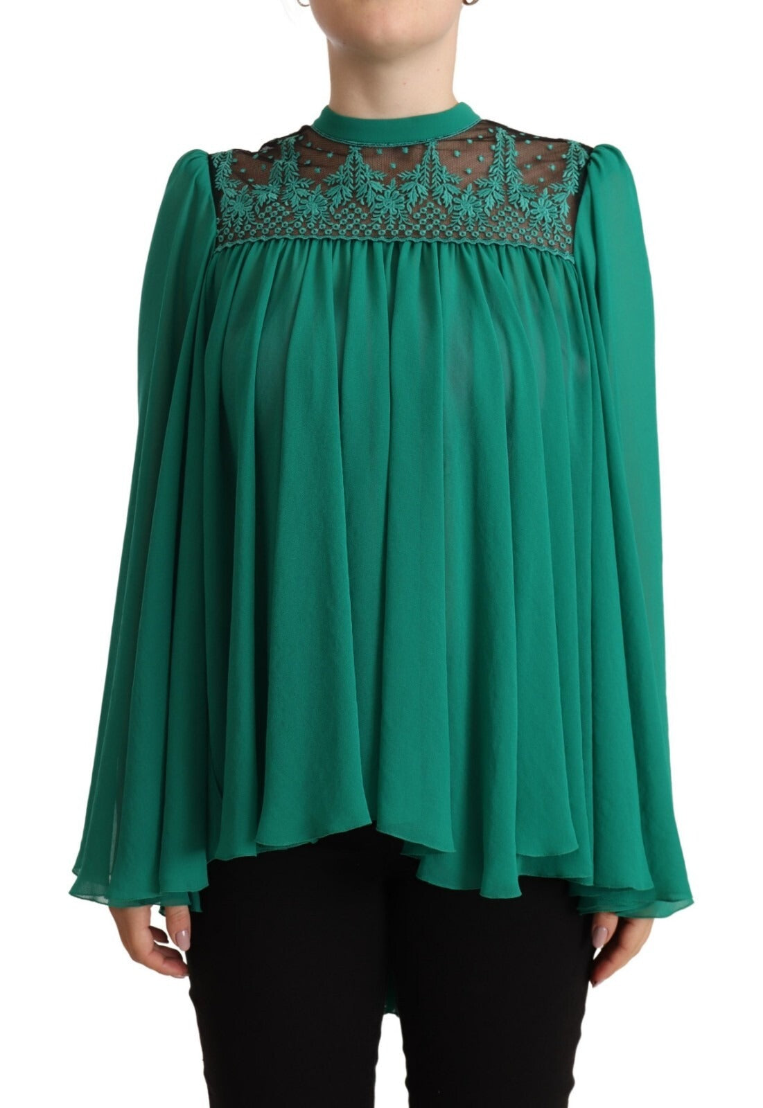 Green Lace Polyester Long Sleeves Pleated Top Blouse