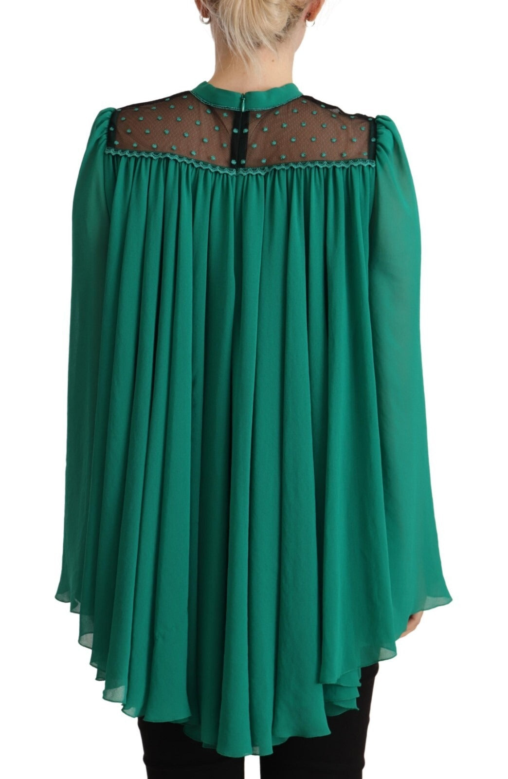 Green Lace Polyester Long Sleeves Pleated Top Blouse