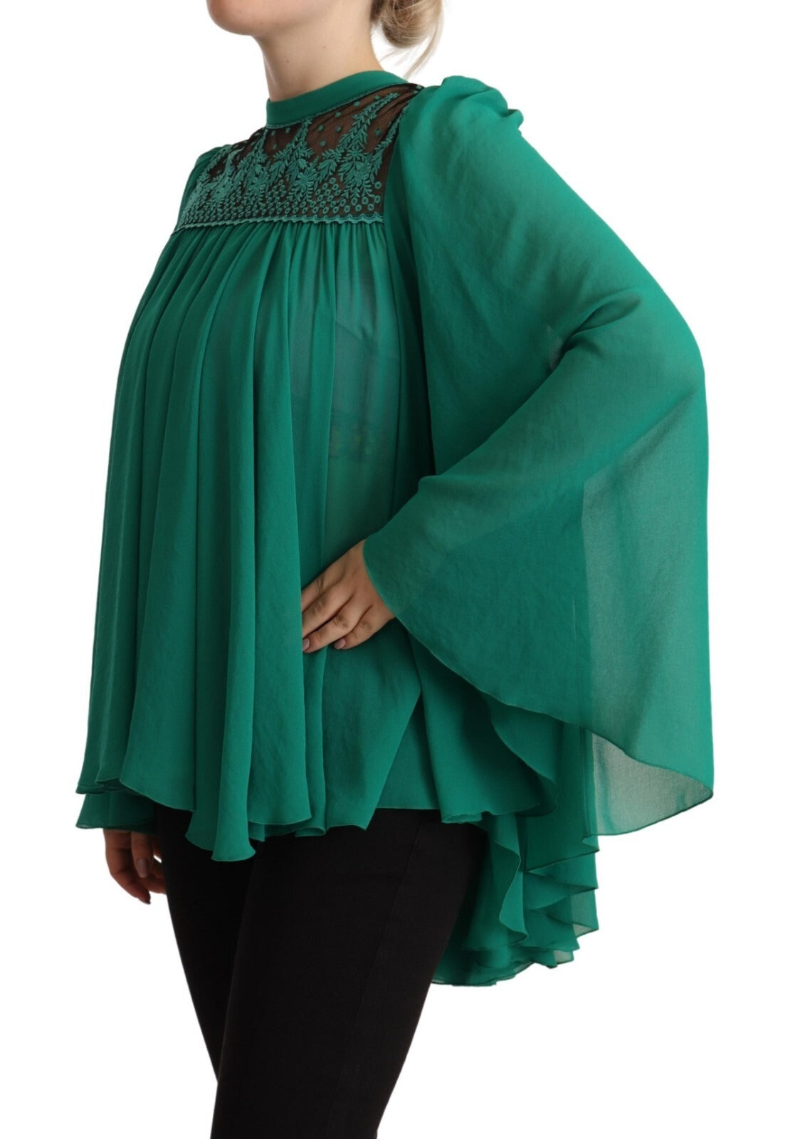 Green Lace Polyester Long Sleeves Pleated Top Blouse