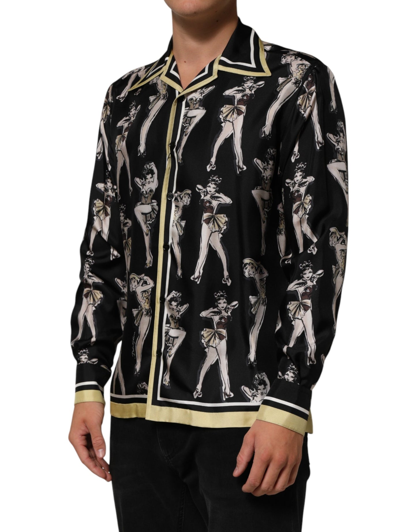 Black Silk Pin Up Printed Button Down Shirt