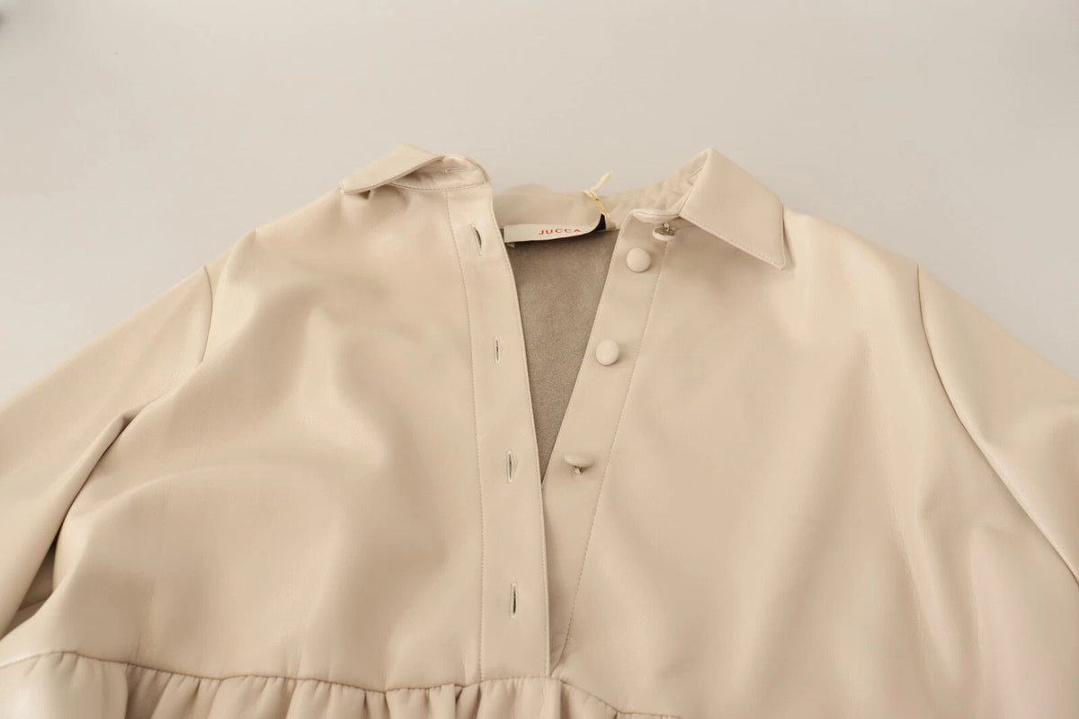 Leather Beige Long Sleeves Collared A-line Mini  Dress