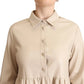 Leather Beige Long Sleeves Collared A-line Mini  Dress