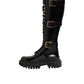 Black Buckle Embellished Knee High Boots Shoes