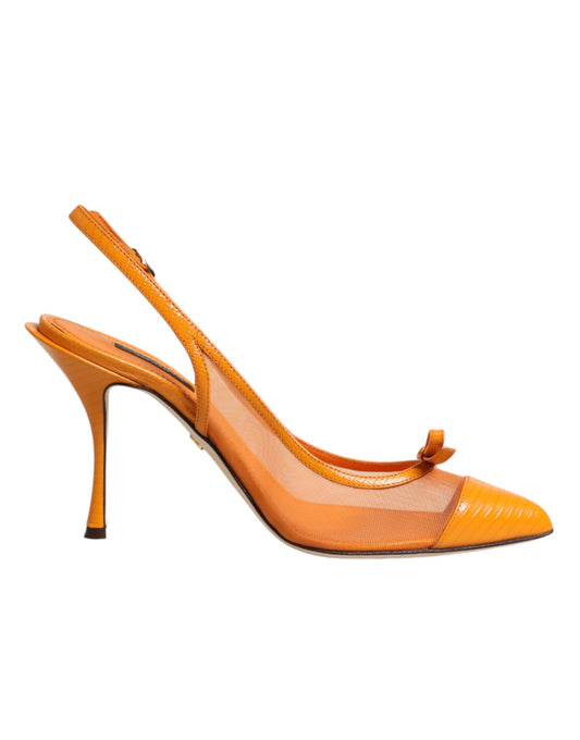 Orange Leather Mesh Heels Slingback  Shoes