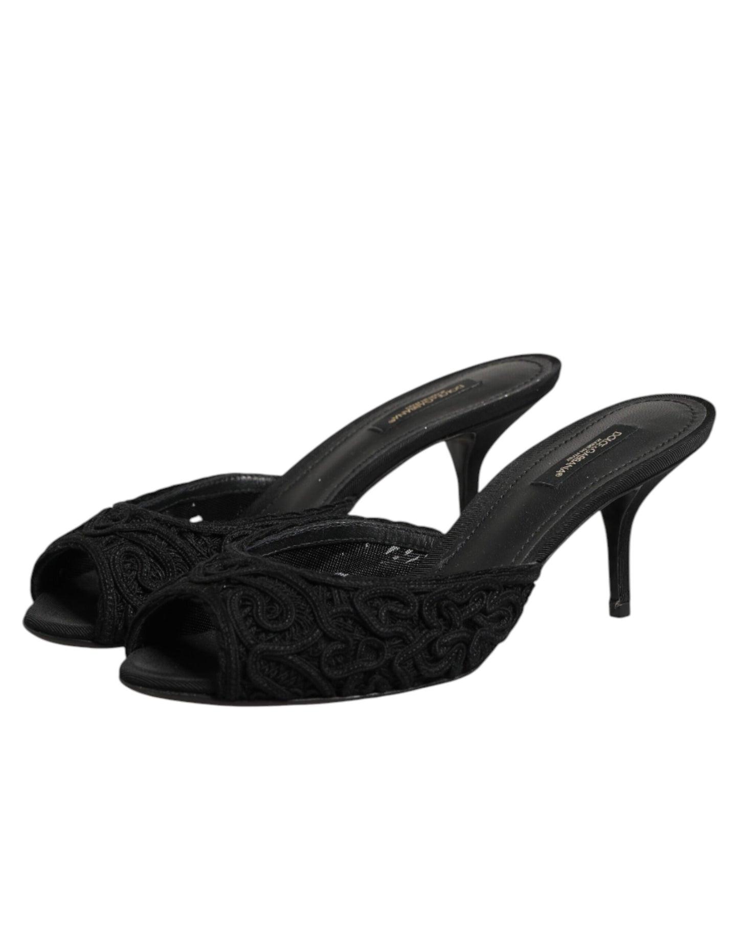 Black Embroidered Slip On Heels Slides Shoes