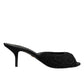 Black Embroidered Slip On Heels Slides Shoes