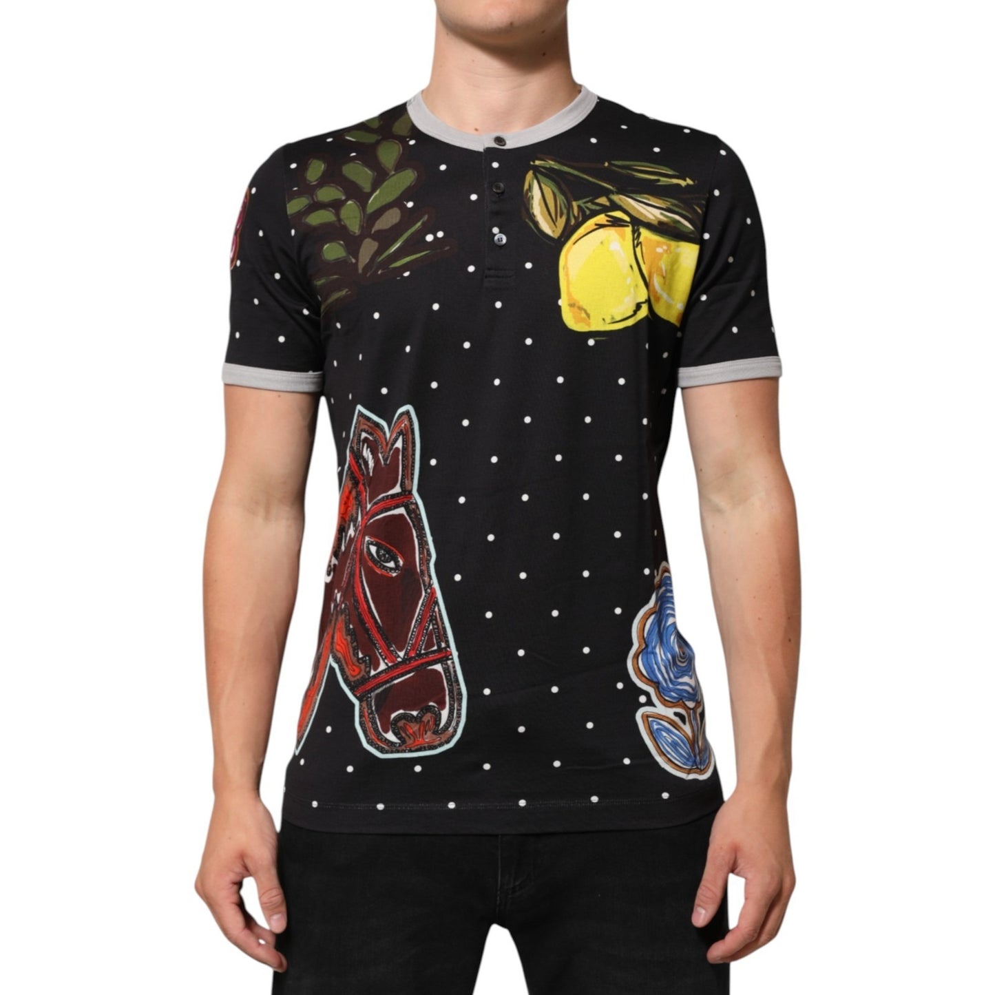Black Polka Dot Lemons Horse Henley T-Shirt