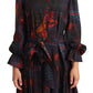 A-line Navy Blue Floral Silk Long Sleeve Knee Length Dress