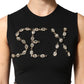 Black Jersey Lace Ruching Rhinestone Tank Top