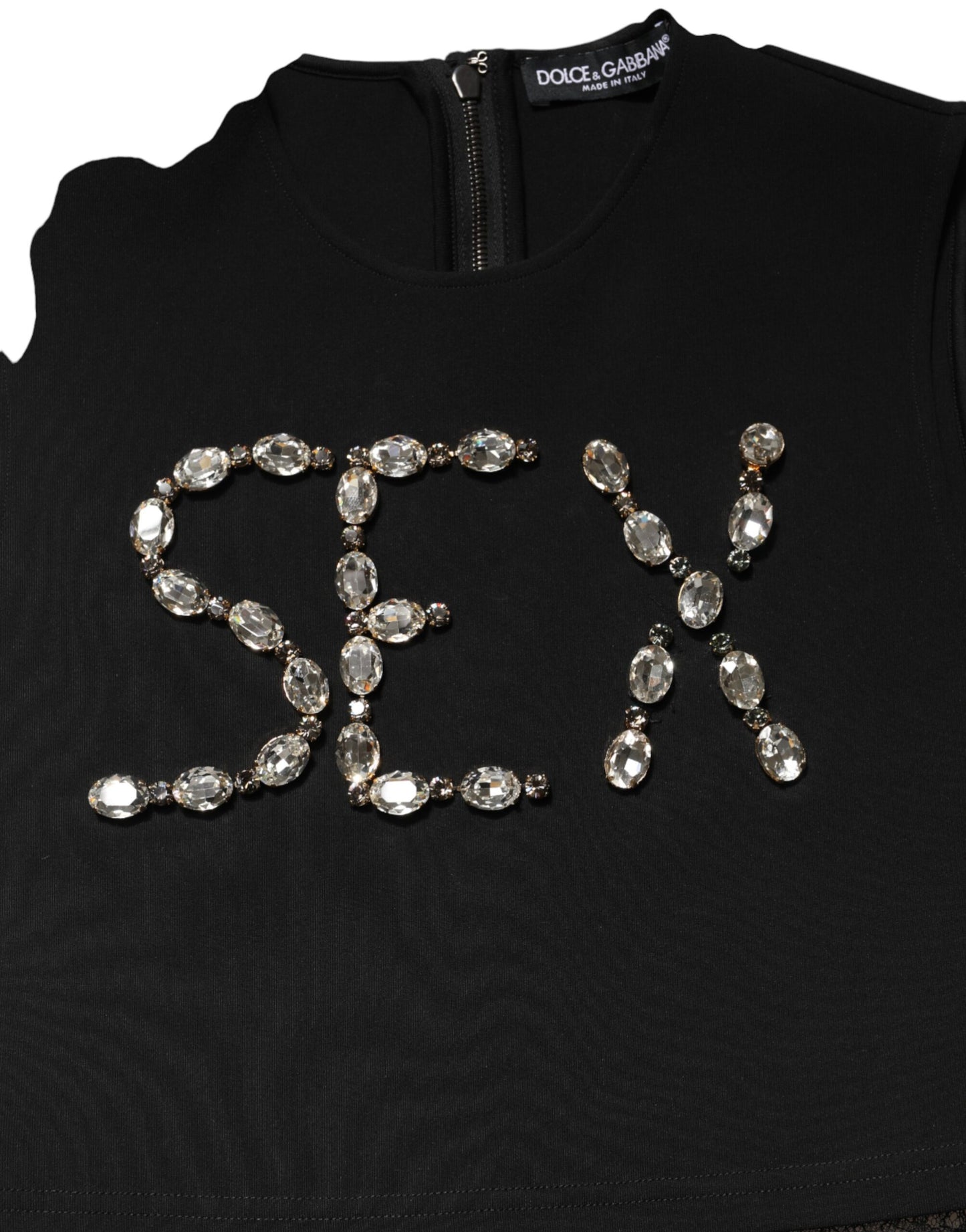 Black Jersey Lace Ruching Rhinestone Tank Top