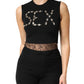 Black Jersey Lace Ruching Rhinestone Tank Top