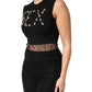 Black Jersey Lace Ruching Rhinestone Tank Top