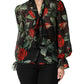 Black Floral Long Sleeves Silk Blouse Top