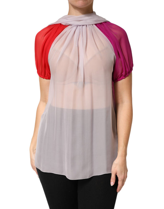 Multicolor Short Sleeves Silk Blouse Top