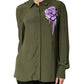 Top Green Acetate Collared Long Sleeves Floral Top