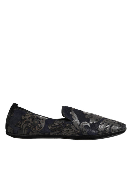 Black Jacquard Leather Slip On Loafers Shoes