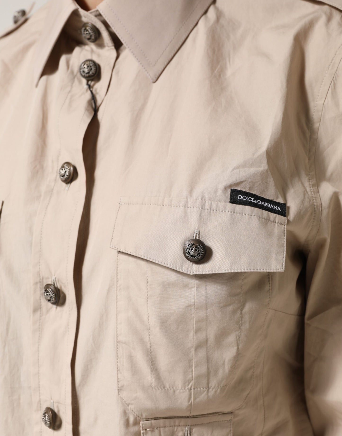 Beige Collared Long Sleeve Cotton Shirt Top