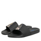 Black Leather Slides Sandals Beachwear Shoes