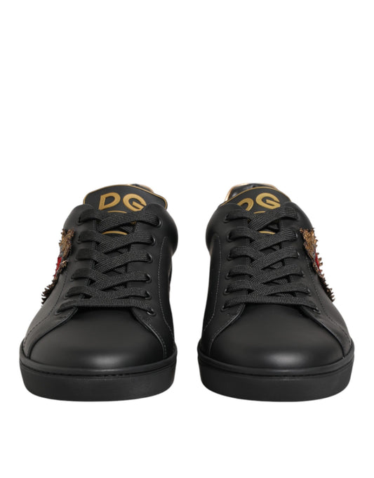 Black Leather Heart Embellished Sneakers Shoes
