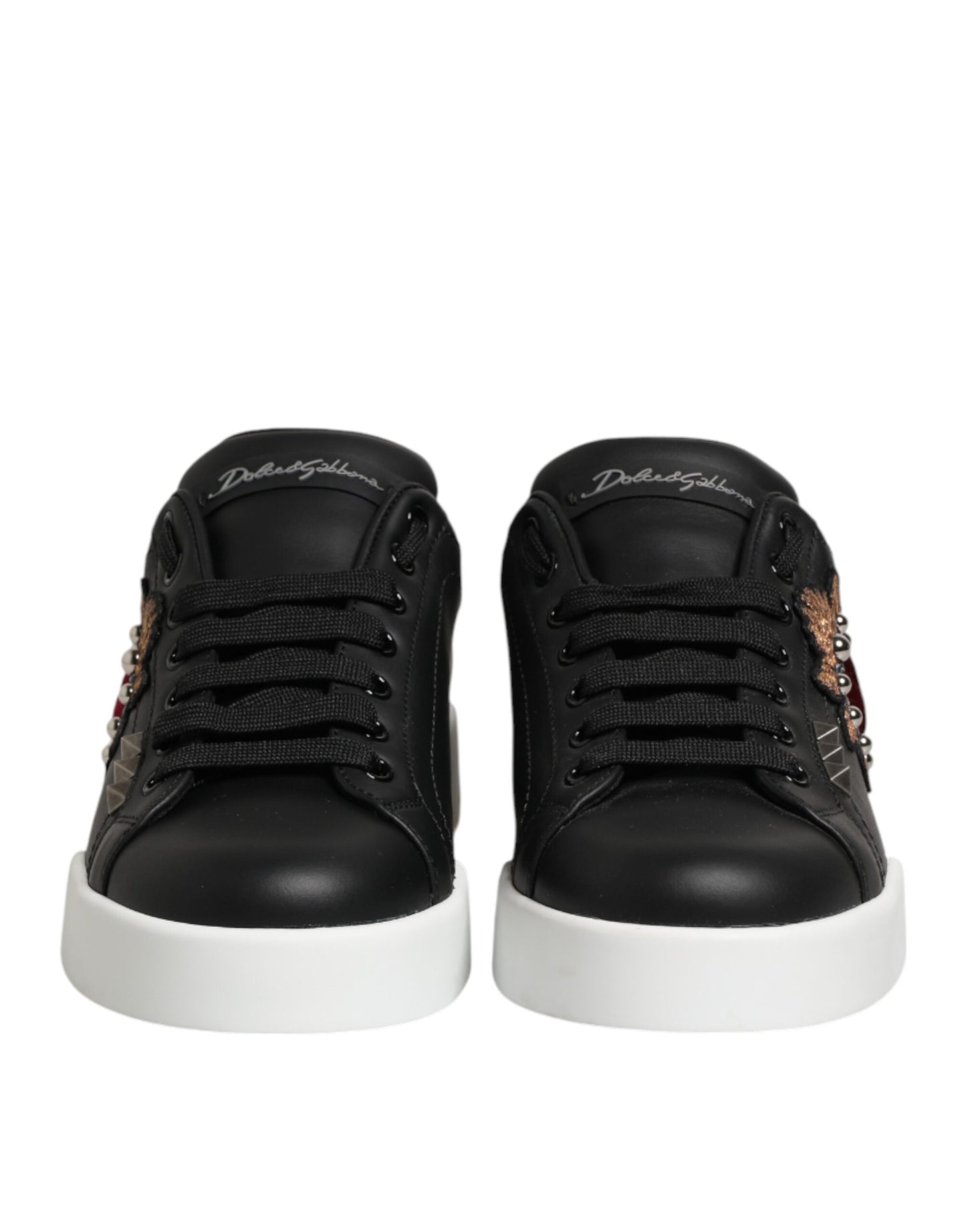 Black Leather Heart Embellished Sneakers Shoes