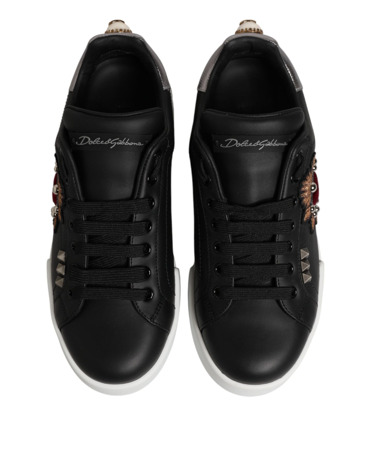 Black Leather Heart Embellished Sneakers Shoes