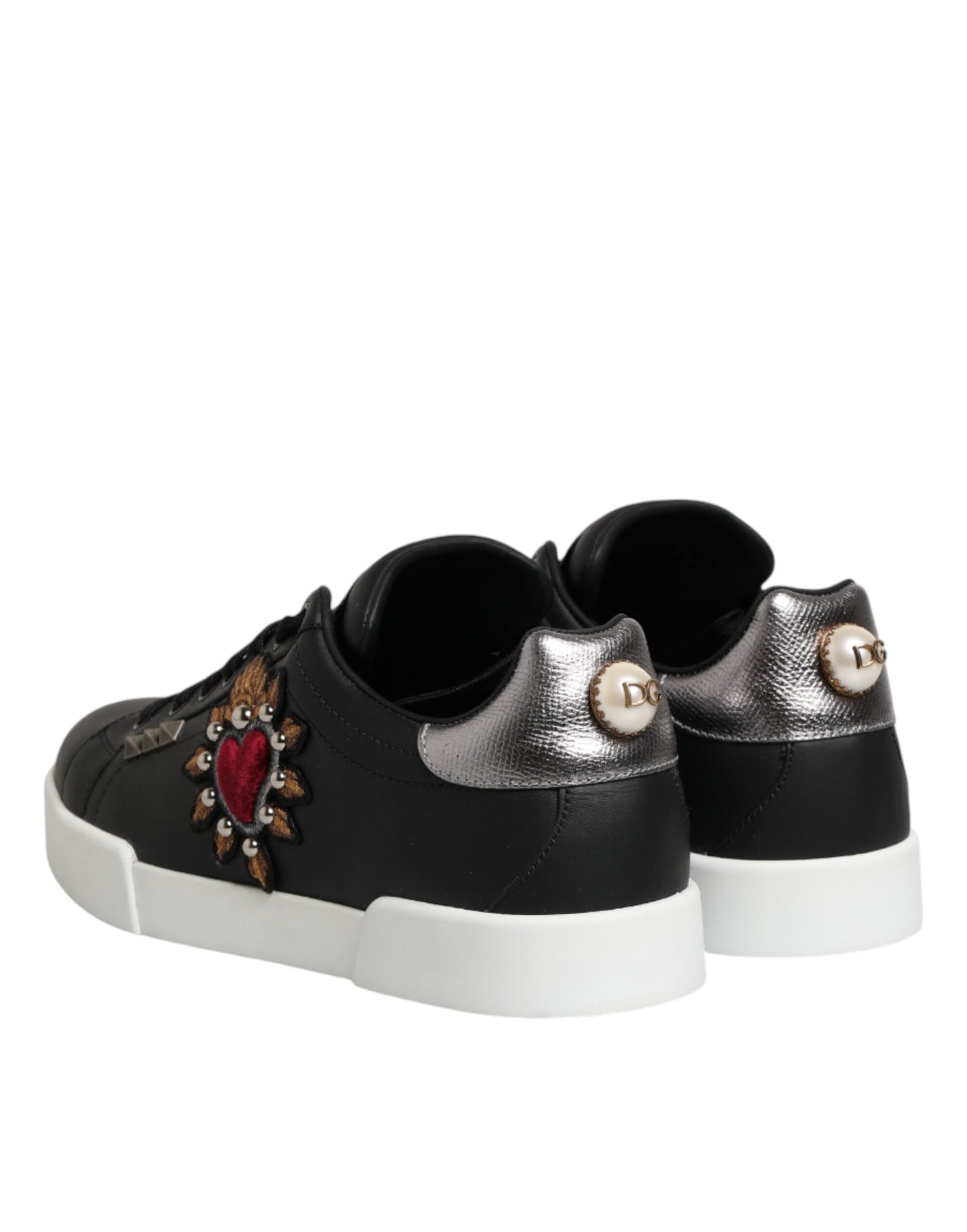Black Leather Heart Embellished Sneakers Shoes