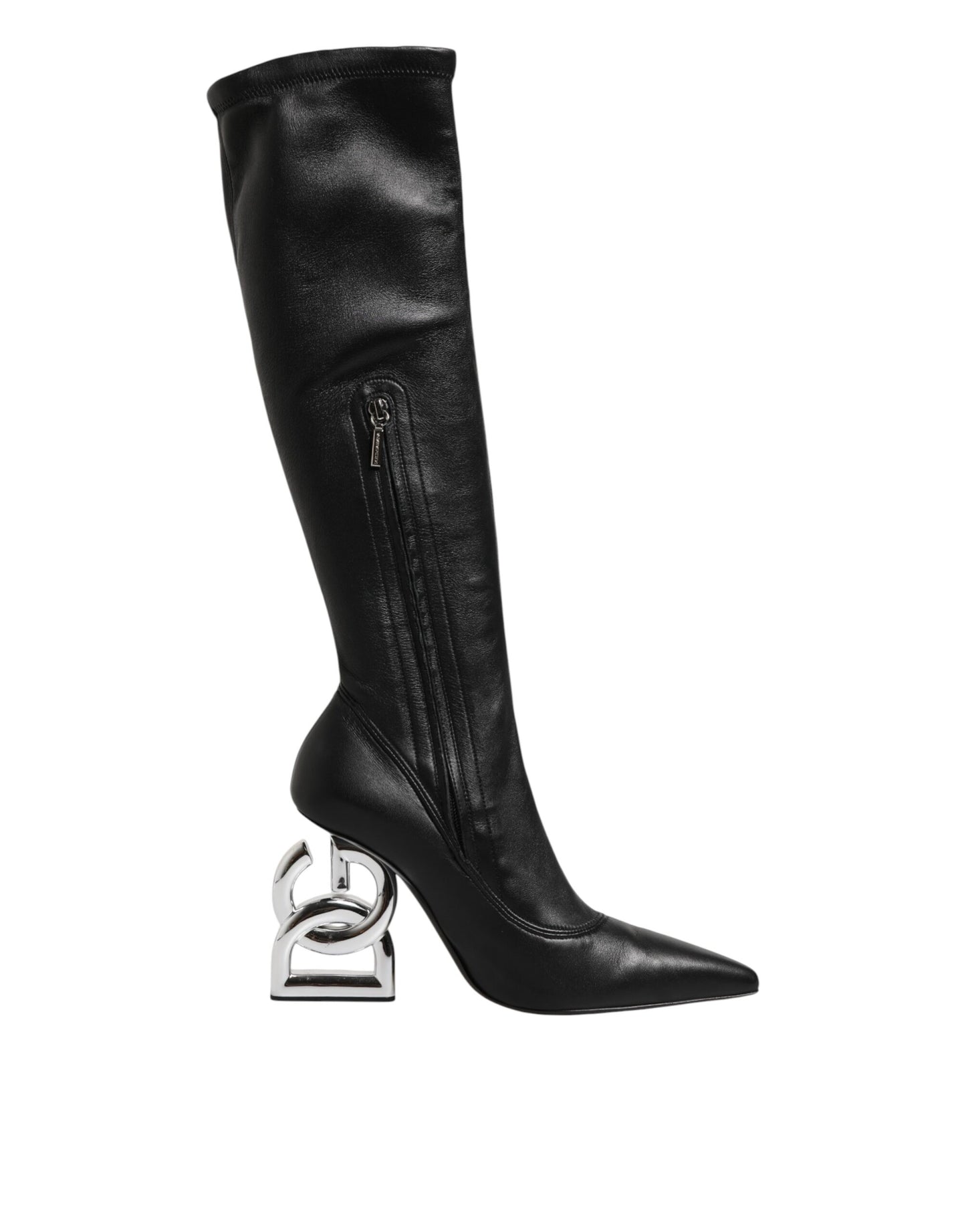 Black Leather DG Logo Knee High Boots Shoes