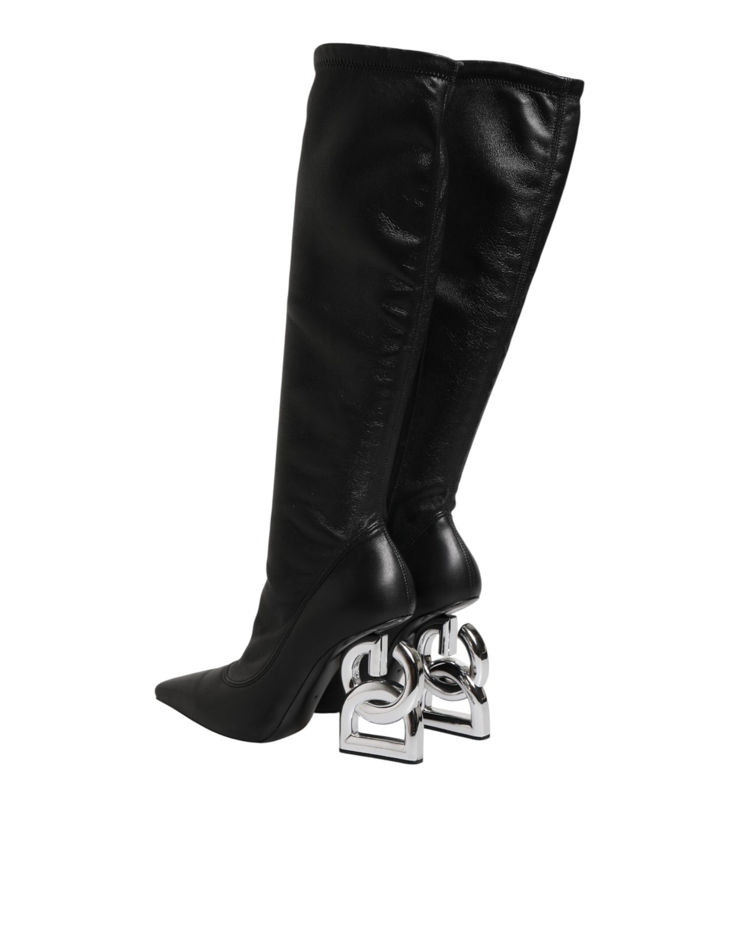Black Leather DG Logo Knee High Boots Shoes