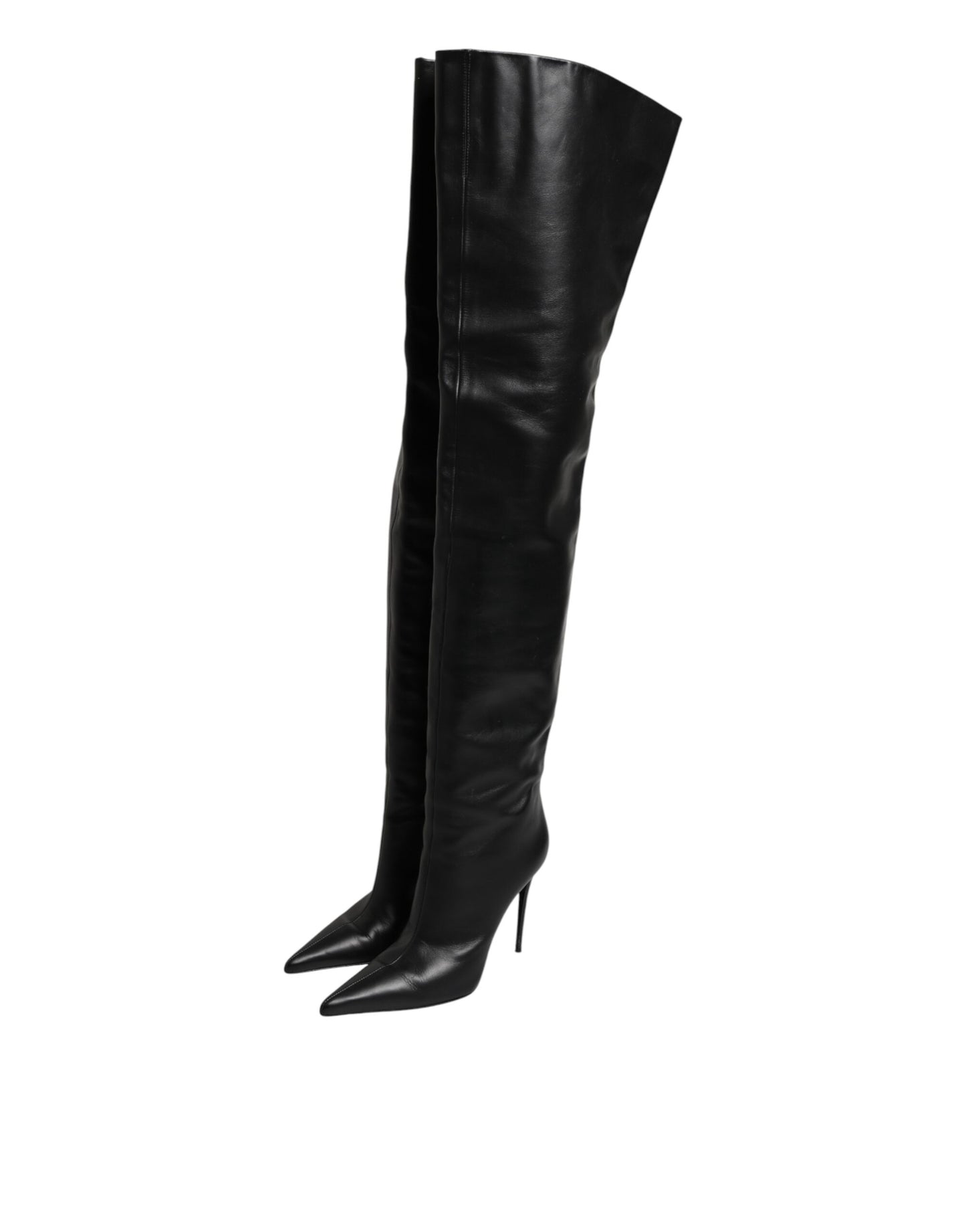 Black Leather Stiletto Knee High Boots Shoes